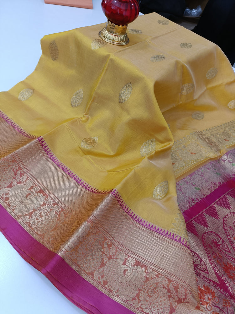 Fancy Silk Leaf Print Dark Cream And Yellow Saree