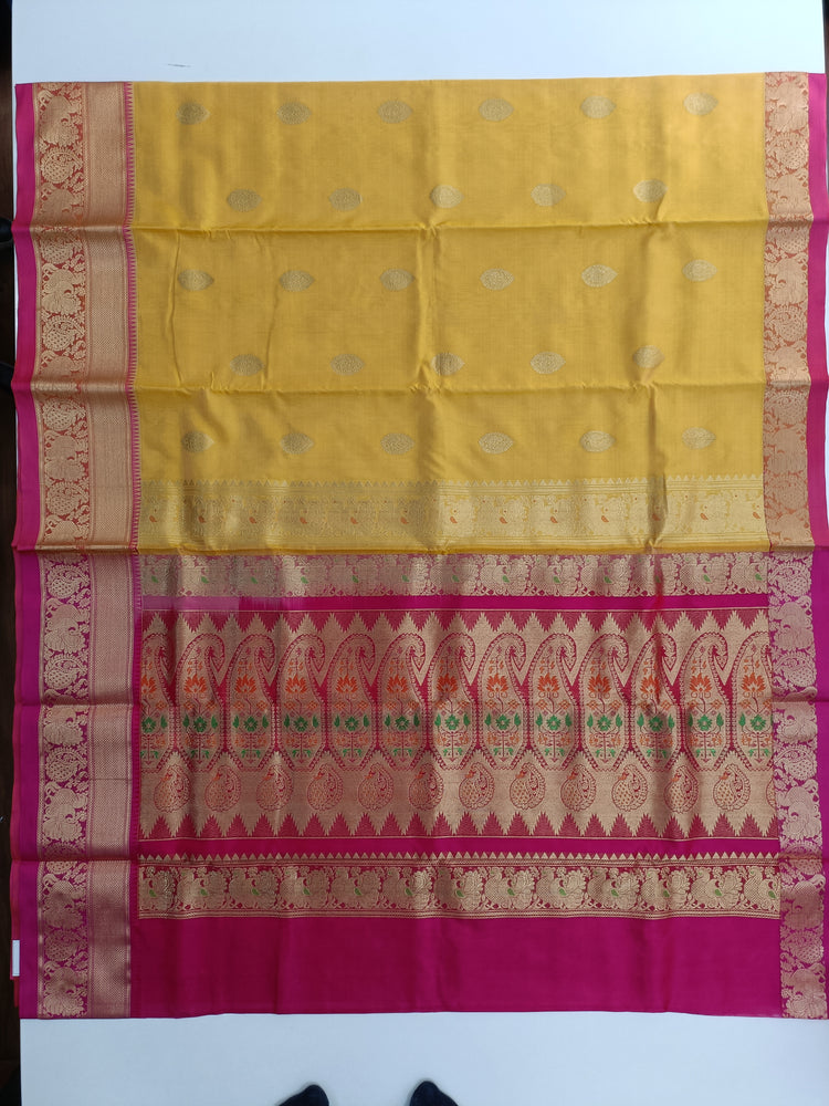 Pure Silk by Cotton  Butter Yellow Saree with Dark Pink and Golden Zari Pallu