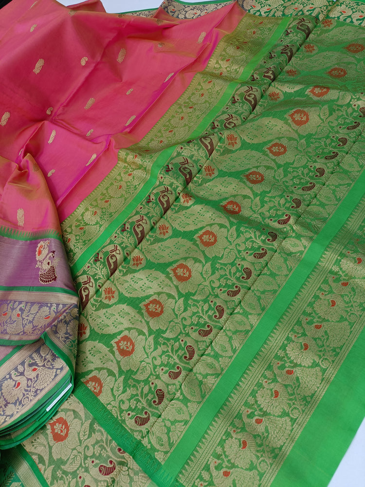 Pure Silk by Cotton Carrot Pink Saree with Green and Golden Zari Pallu