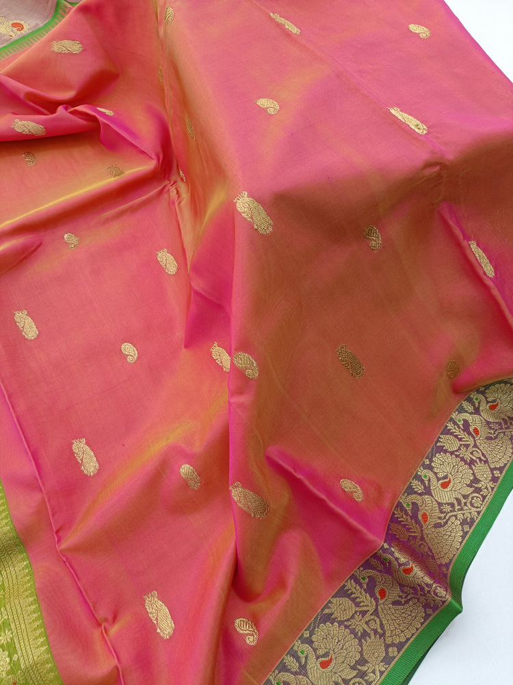 Pure Silk by Cotton Carrot Pink Saree with Green and Golden Zari Pallu