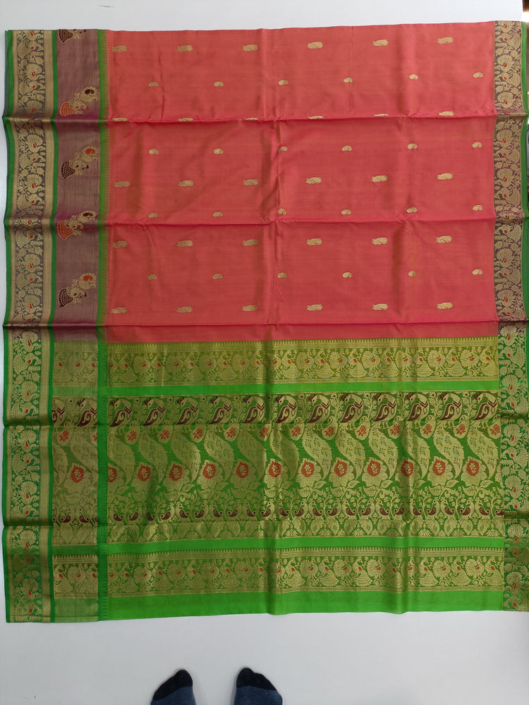 Pure Silk by Cotton Carrot Pink Saree with Green and Golden Zari Pallu