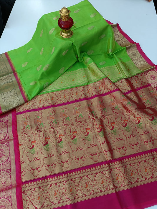 Pure Silk by Cotton Parrot Green Saree with Pink and Golden Zari Pallu