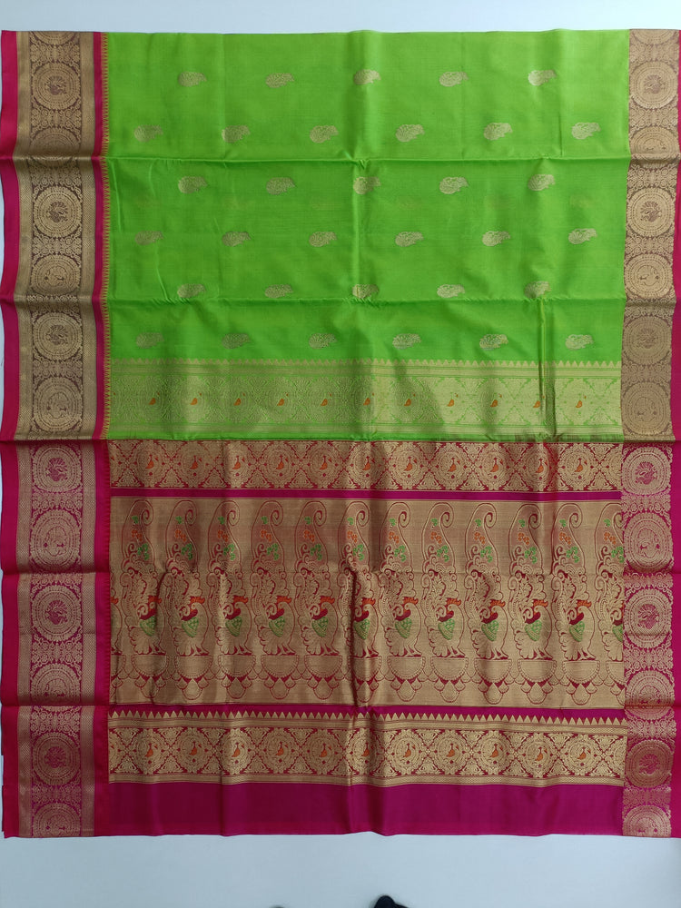 Pure Silk by Cotton Parrot Green Saree with Pink and Golden Zari Pallu