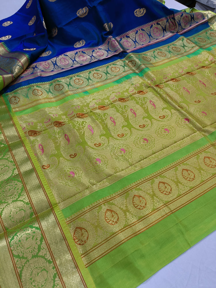 Yellow and Blue Cotton Temple Design boder-Saree - Loomfolks