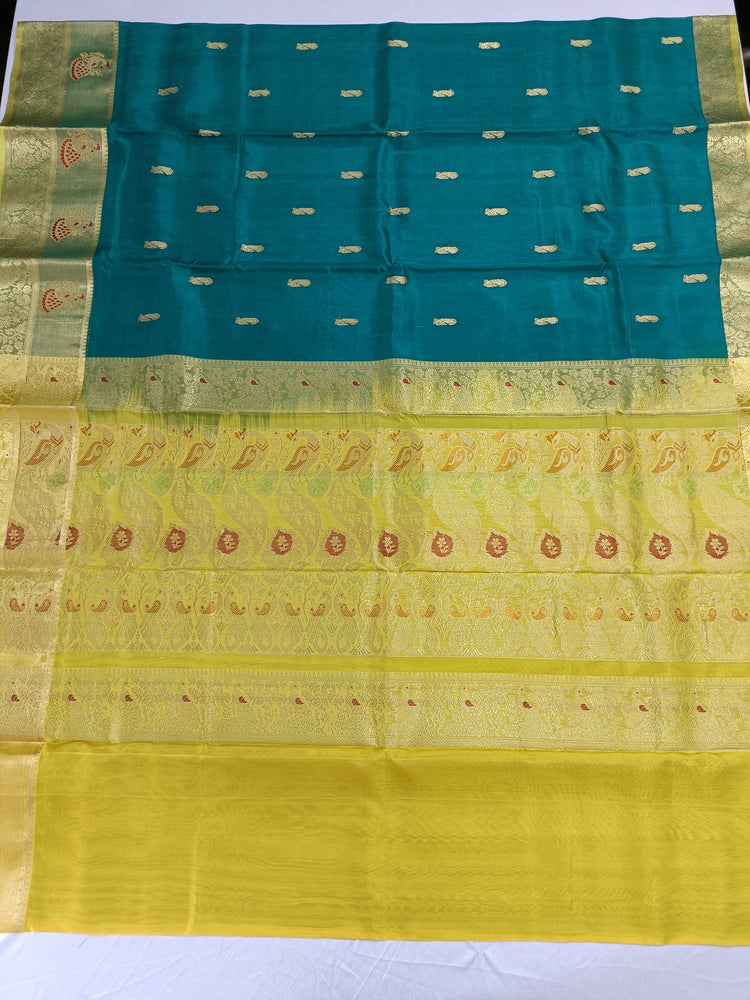 Pure Silk by Cotton Dark Green Saree with Heavy Zari Border and Lemon Yellow Pallu