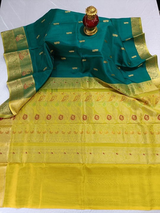 Pure Silk by Cotton Dark Green Saree with Heavy Zari Border and Lemon Yellow Pallu