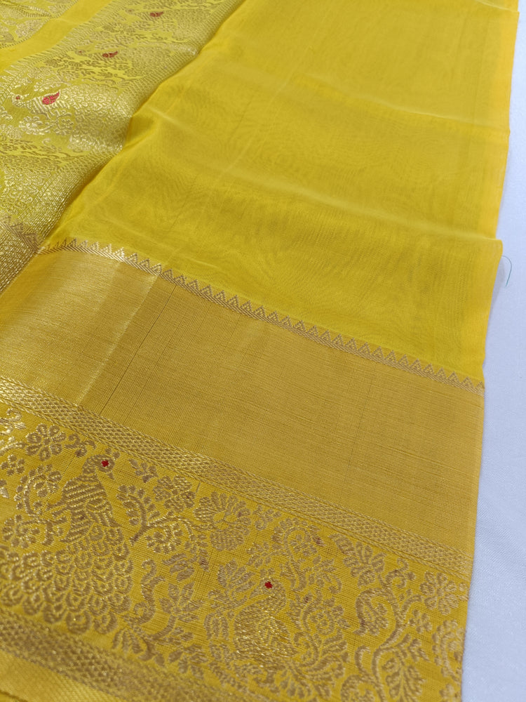 Pure Silk by Cotton Dark Green Saree with Heavy Zari Border and Lemon Yellow Pallu