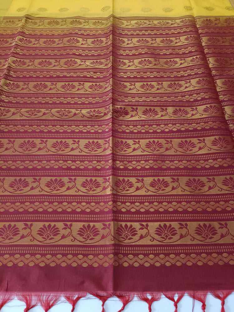 Mango Yellow Art Silk Saree with Golden Zari Work on Maroon Pallu