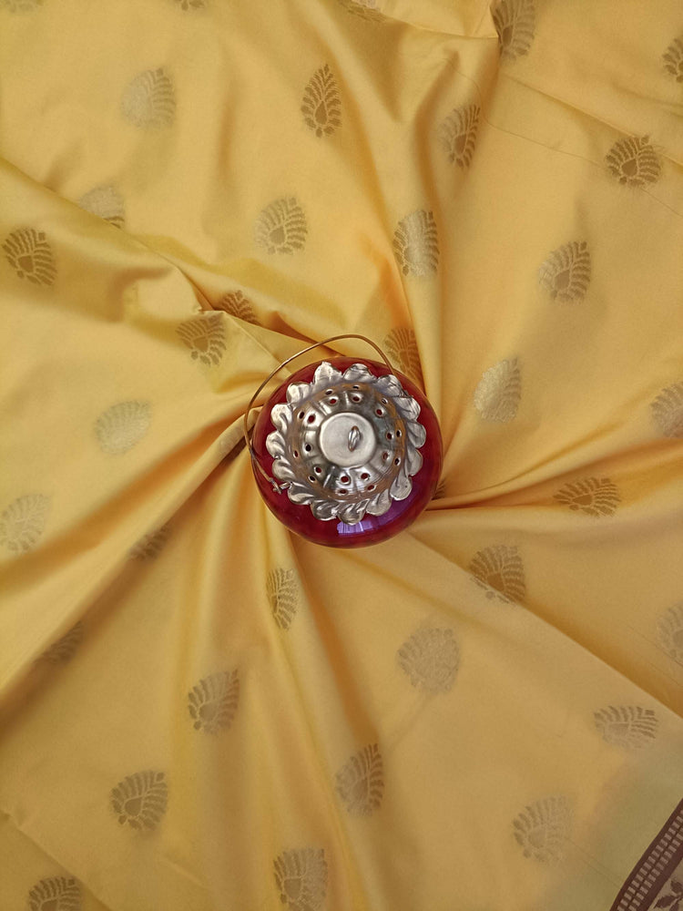 Mango Yellow Art Silk Saree with Golden Zari Work on Maroon Pallu