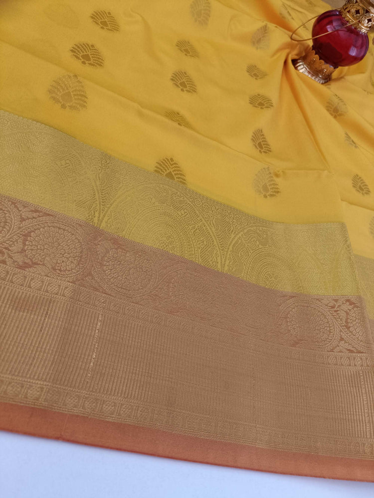 Mango Yellow Art Silk Saree with Golden Zari Work on Maroon Pallu