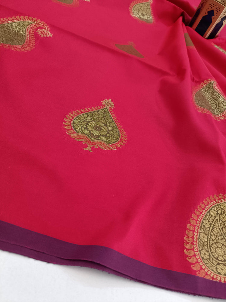 Crimson Red Art Silk Borderless Saree with Meena Motifs and Golden Zari Pallu