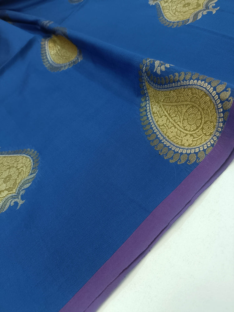 Cobalt Blue Art Silk Borderless Saree with Meena Motifs and Golden Zari Pallu