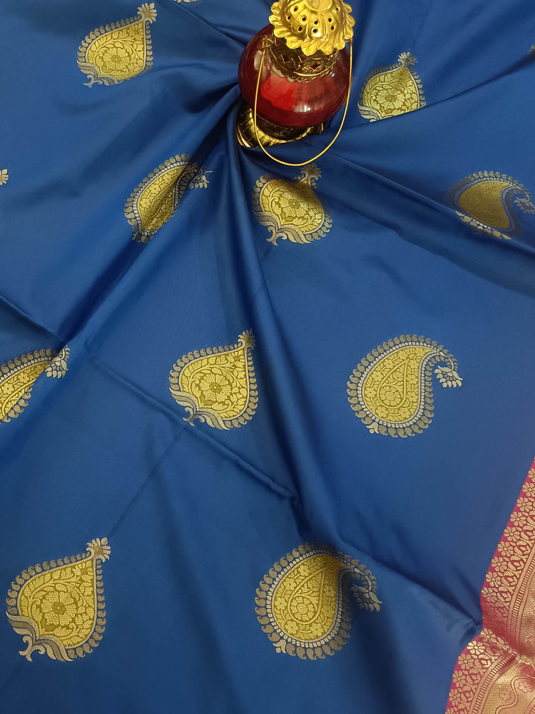 Cobalt Blue Art Silk Borderless Saree with Meena Motifs and Golden Zari Pallu