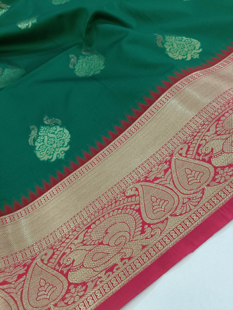 Bottle Green Art Silk Saree with Zari Motifs and Zari Work on Dark Red Pallu