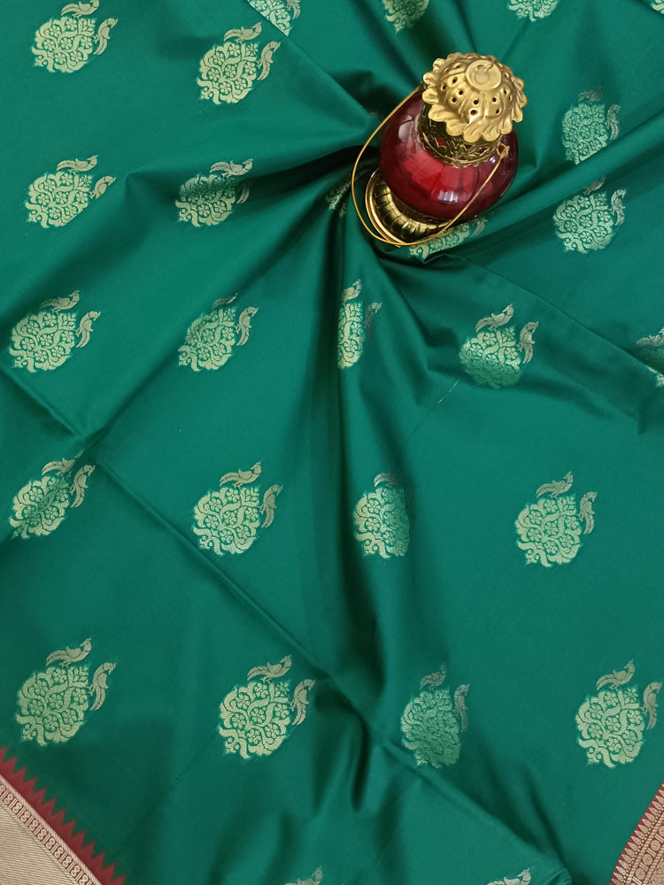 Bottle Green Art Silk Saree with Zari Motifs and Zari Work on Dark Red Pallu