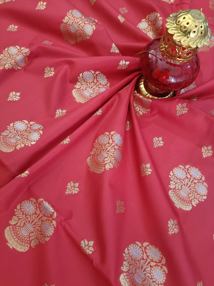 Dark Red Art Silk Saree with Meenakari Floral Motifs and Rich Golden Zari Work on Teal Green Pallu