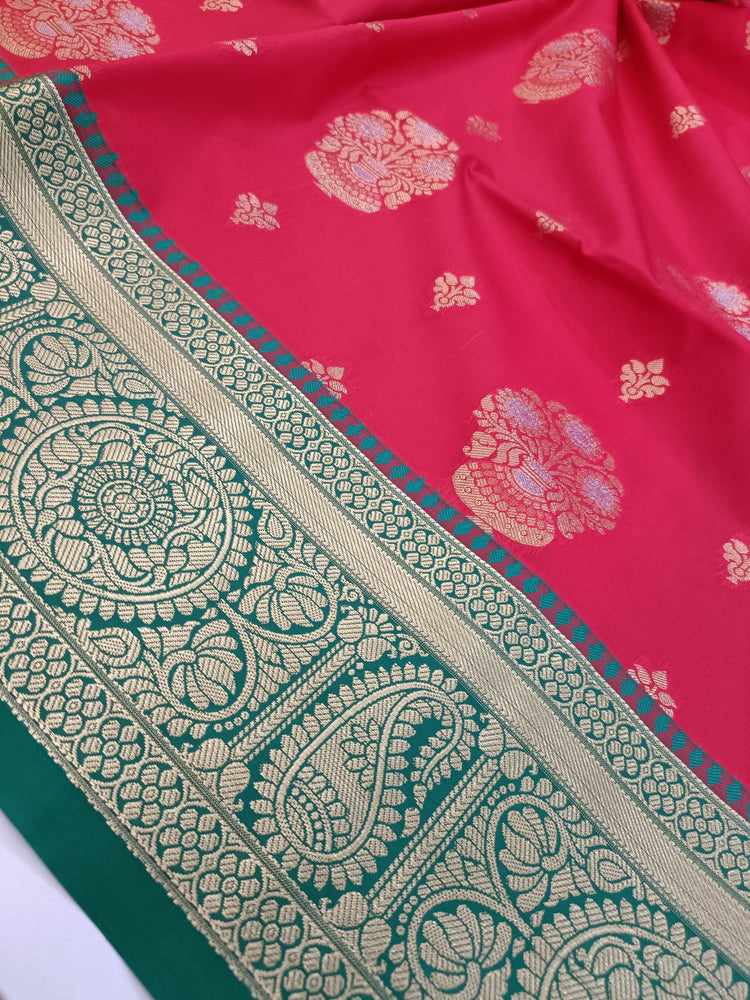 Dark Red Art Silk Saree with Meenakari Floral Motifs and Rich Golden Zari Work on Teal Green Pallu