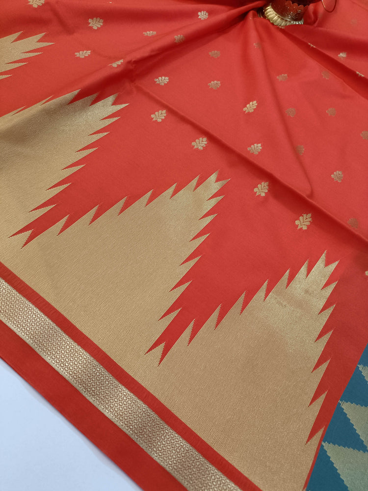 Orange Art Silk Saree with Golden Temple Border and Rich Zari Pallu