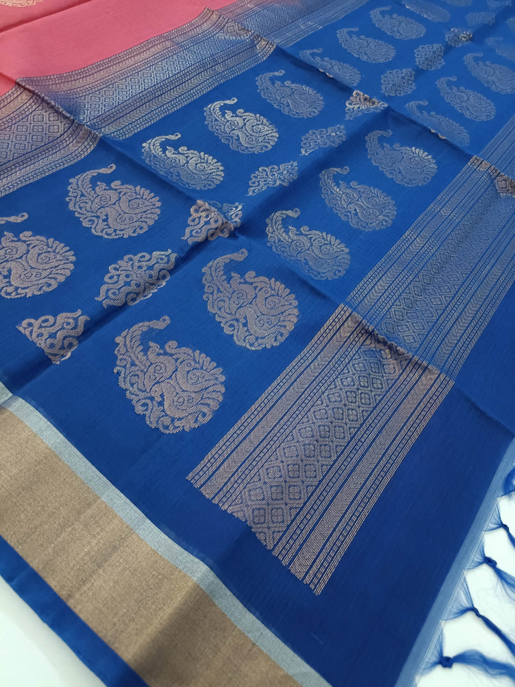 Pure Silk by Cotton Pink Saree with Peacock Motifs and Blue Pallu