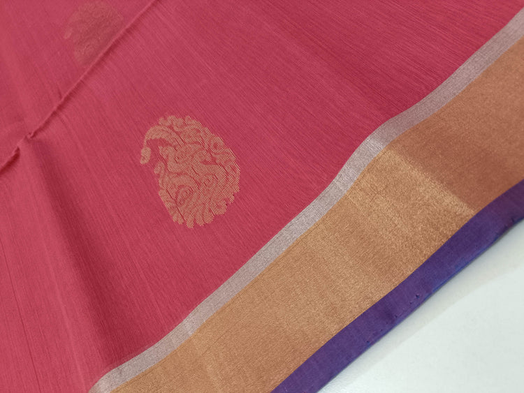 Pure Silk by Cotton Pink Saree with Peacock Motifs and Blue Pallu