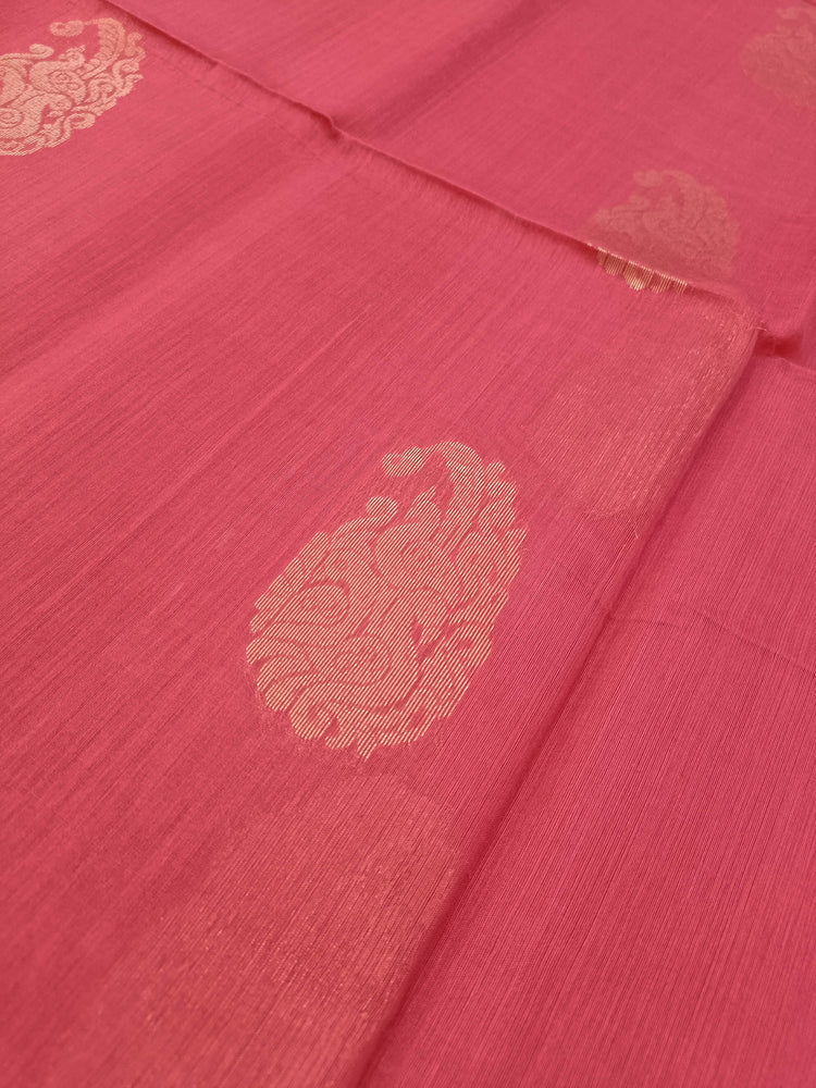 Pure Silk by Cotton Pink Saree with Peacock Motifs and Blue Pallu