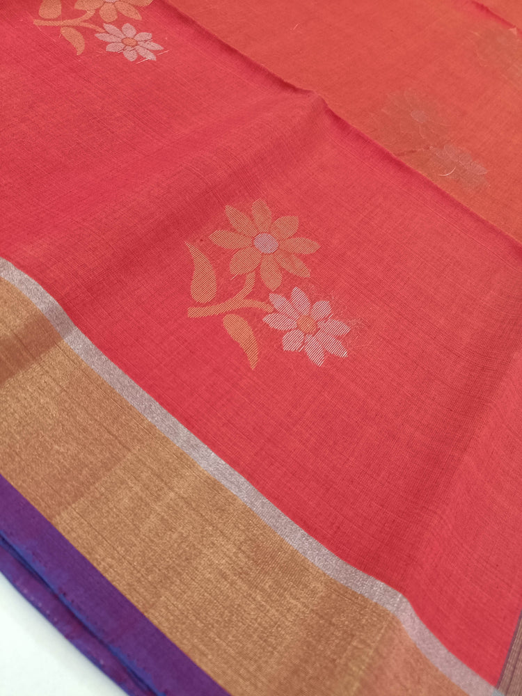 Pure Silk by Cotton Dark Pink Saree with Floral motifs and Purple Pallu