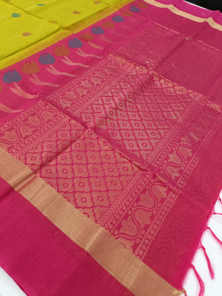 Pure Silk by Cotton Pear Green Saree with Dual Color Floral motifs and Pink Pallu