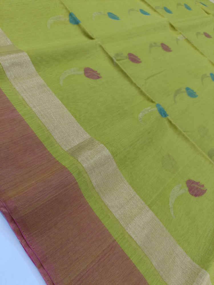 Pure Silk by Cotton Pear Green Saree with Dual Color Floral motifs and Pink Pallu