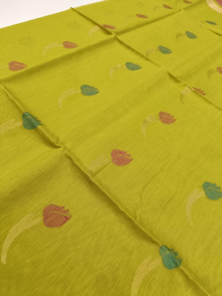 Pure Silk by Cotton Pear Green Saree with Dual Color Floral motifs and Pink Pallu