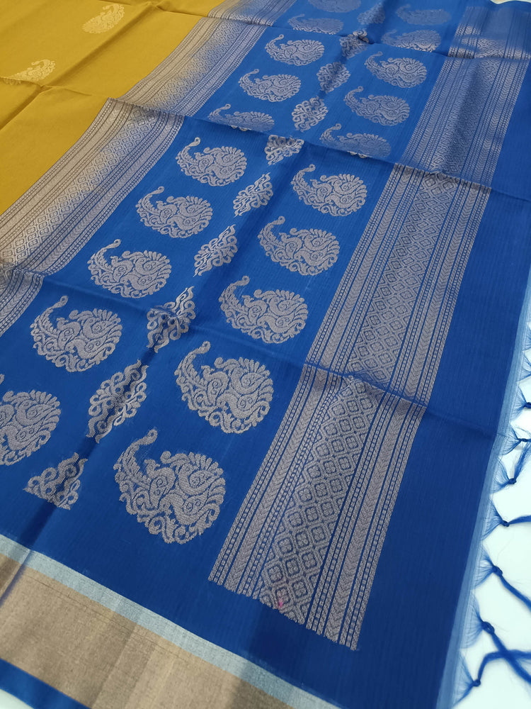 Pure Silk by Cotton Ochre Yellow Saree with Peacock Motifs and Blue Pallu