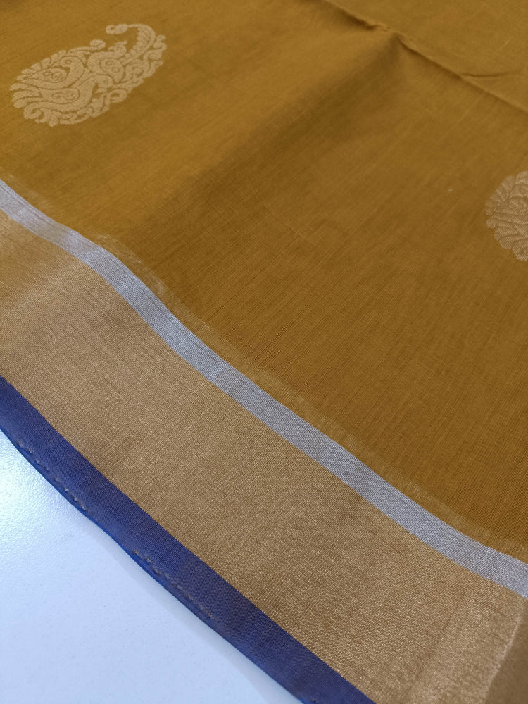 Pure Silk by Cotton Ochre Yellow Saree with Peacock Motifs and Blue Pallu