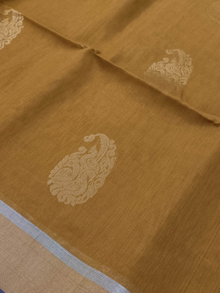 Pure Silk by Cotton Ochre Yellow Saree with Peacock Motifs and Blue Pallu