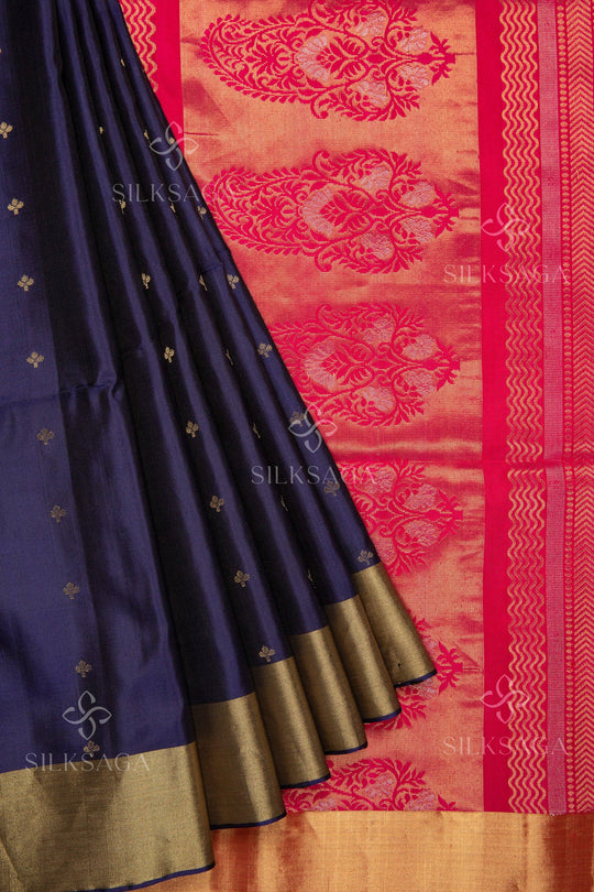 Pure Soft Silk Handloom Navy Blue Saree with Dark Pink Pallu - Silksaga Studio