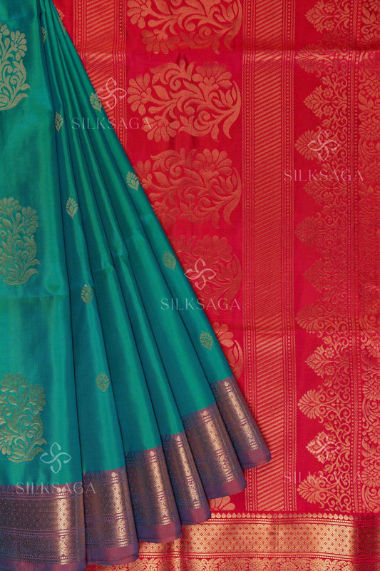 Pure Soft Silk Handloom Dual Tone Green Saree with Crimson Red Border - Silksaga Studio