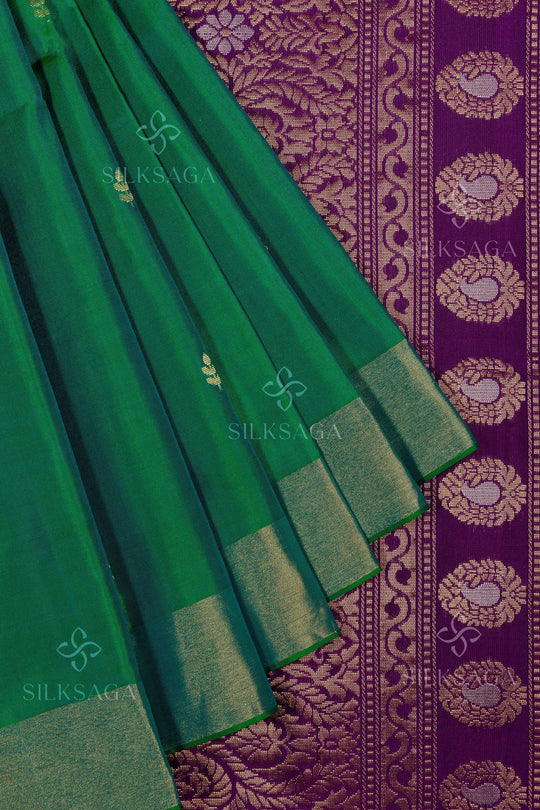 Pure Soft Silk Handloom Green Saree with Purple Pallu - Silksaga Studio