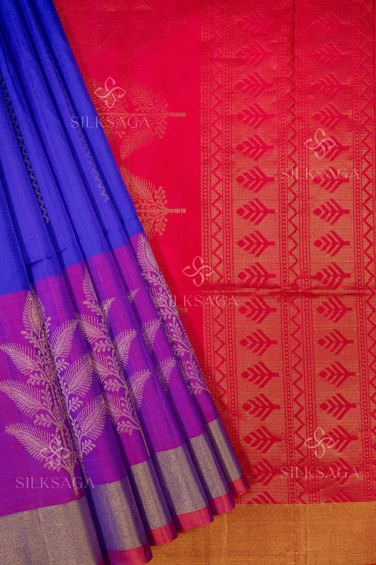 Pure Soft Silk Handloom Royal Blue Saree with Magenta Pallu - Silksaga Studio