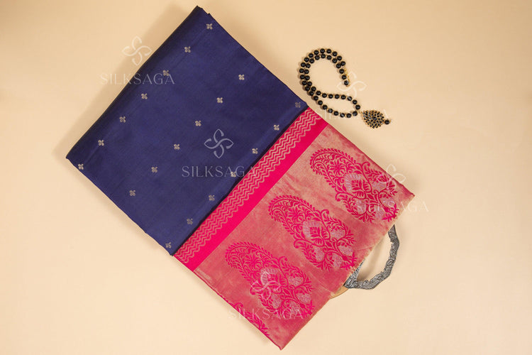 Pure Soft Silk Handloom Navy Blue Saree with Dark Pink Pallu - Silksaga Studio