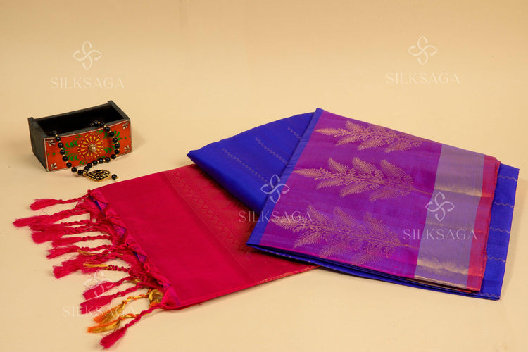 Pure Soft Silk Handloom Royal Blue Saree with Magenta Pallu - Silksaga Studio