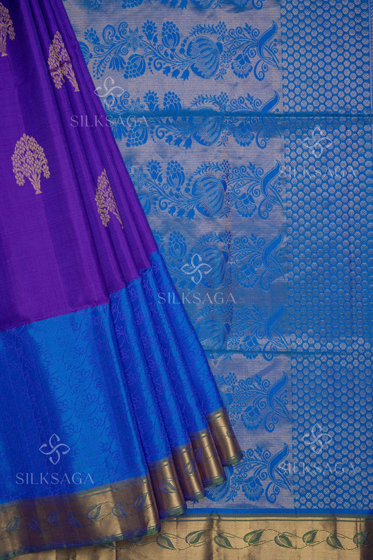 Pure Soft Silk Handloom Purple Saree with Cobalt Blue Skirt Border - Silksaga Studio