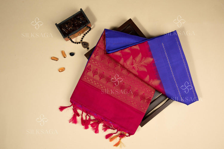 Pure Soft Silk Handloom Royal Blue Saree with Magenta Pallu - Silksaga Studio