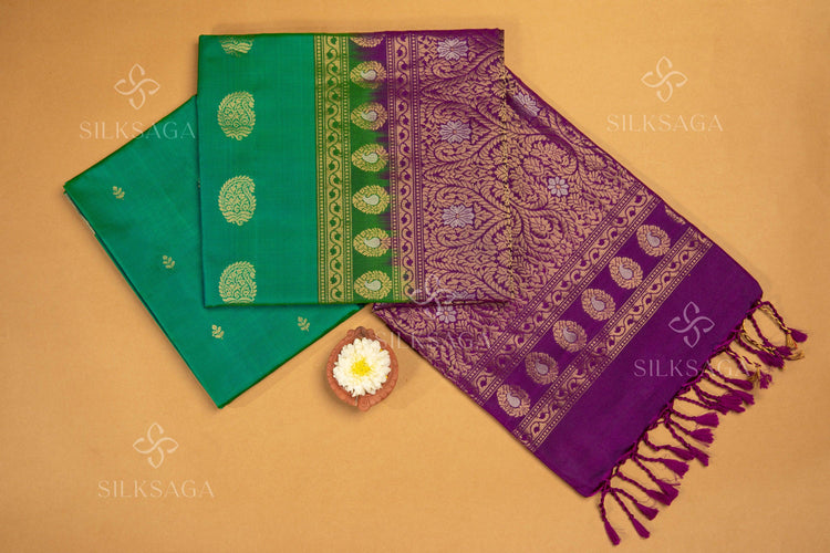 Pure Soft Silk Handloom Green Saree with Purple Pallu - Silksaga Studio