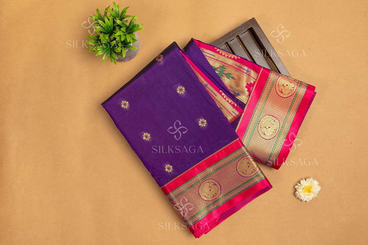 Art Silk Paithani with Meena Butti and Golden Zari Peacock Pallu - Silksaga Studio