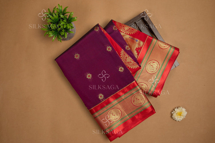 Art Silk Paithani with Meena Butti and Golden Zari Peacock Pallu - Silksaga Studio