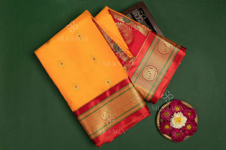 Art Silk Paithani with Meena Butti and Golden Zari Peacock Pallu - Silksaga Studio