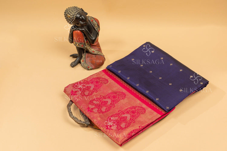 Pure Soft Silk Handloom Navy Blue Saree with Dark Pink Pallu - Silksaga Studio