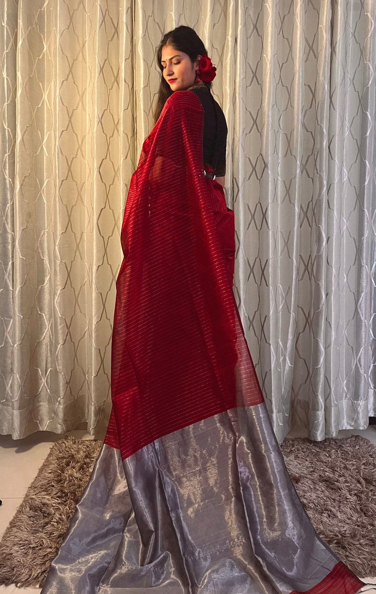 Pure Handloom Red Cotton by Silk Striped Maheshwari Saree