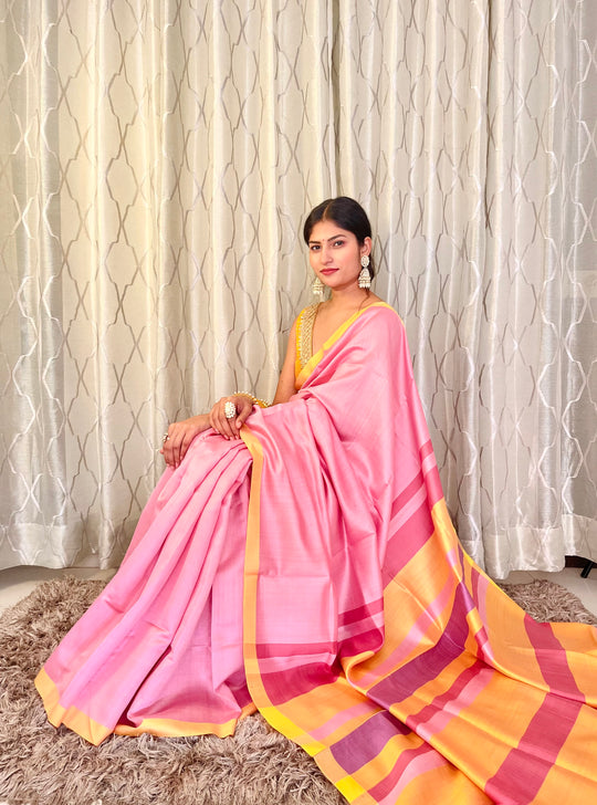 Pure Handloom Eri Silk Pastel Pink Saree with Yellow Border