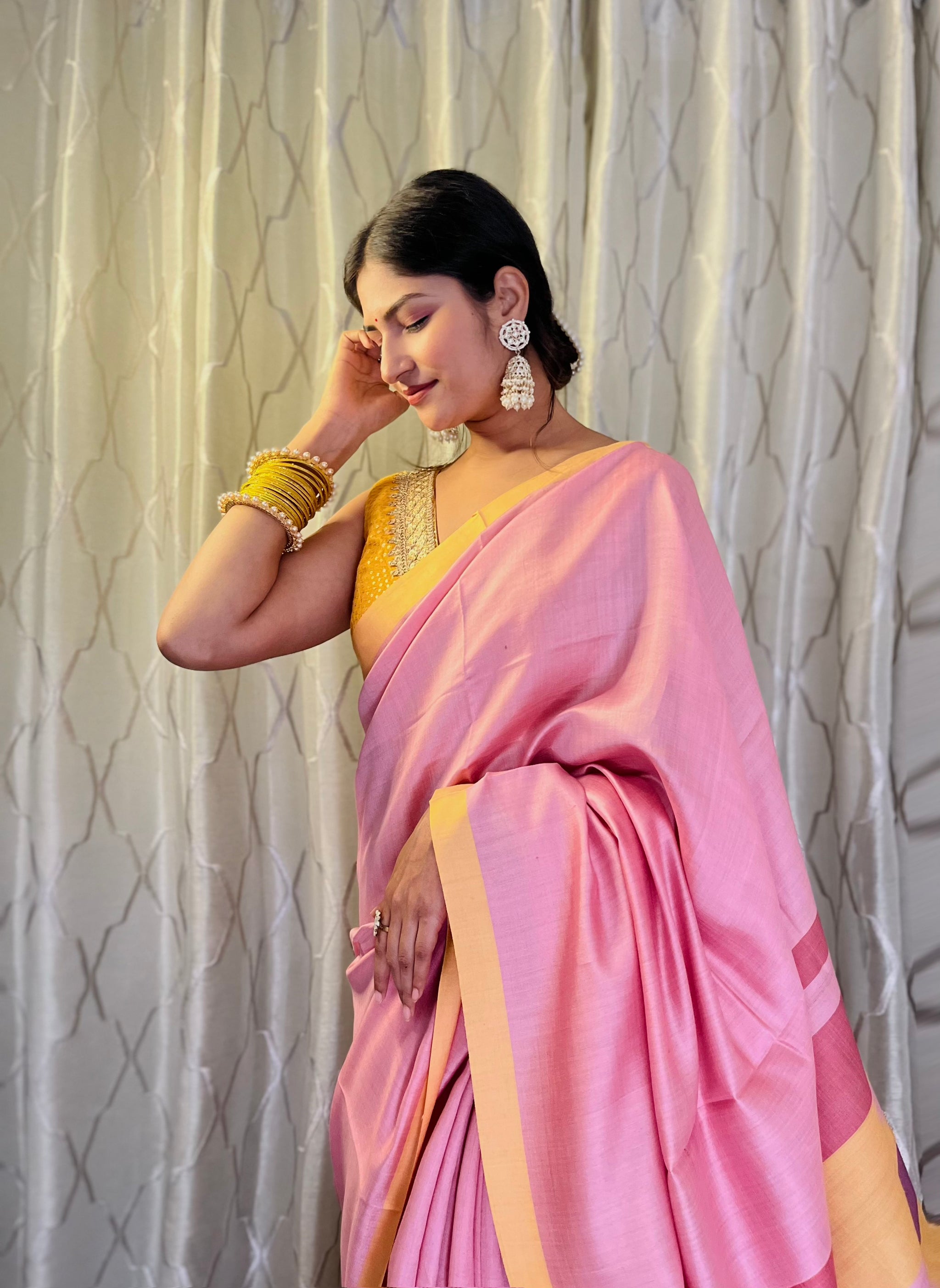 Vistavelle Soft Silk Mustard Yellow and Rani Pink Traditional Saree with Satin Border main image 1
