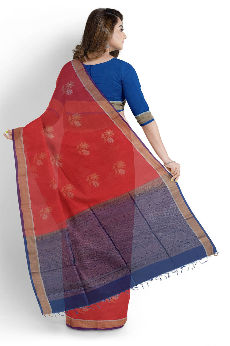 Pure Silk by Cotton Dark Pink Saree with Floral motifs and Purple Pallu
