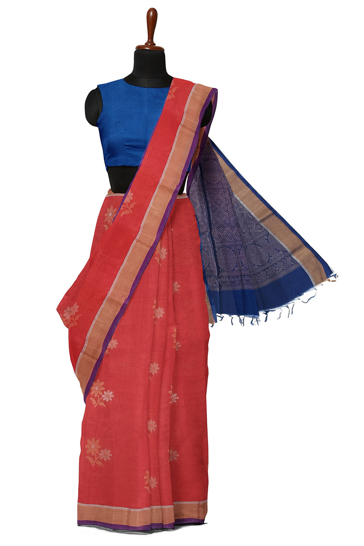 Pure Silk by Cotton Dark Pink Saree with Floral motifs and Purple Pallu